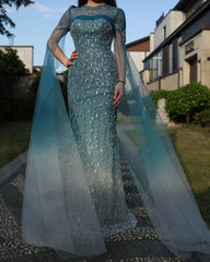 Turquoise Crystal Mermaid Evening Dress With Cape Sleeves