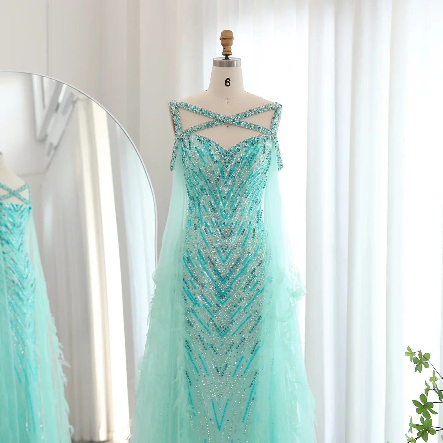 Crystal Fuchsia Mermaid Evening Dresses with Cape Sleeves