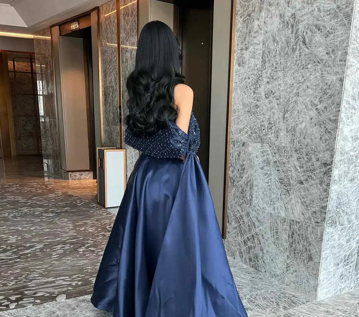 Navy Blue Off-Shoulder Evening Dress with Cape