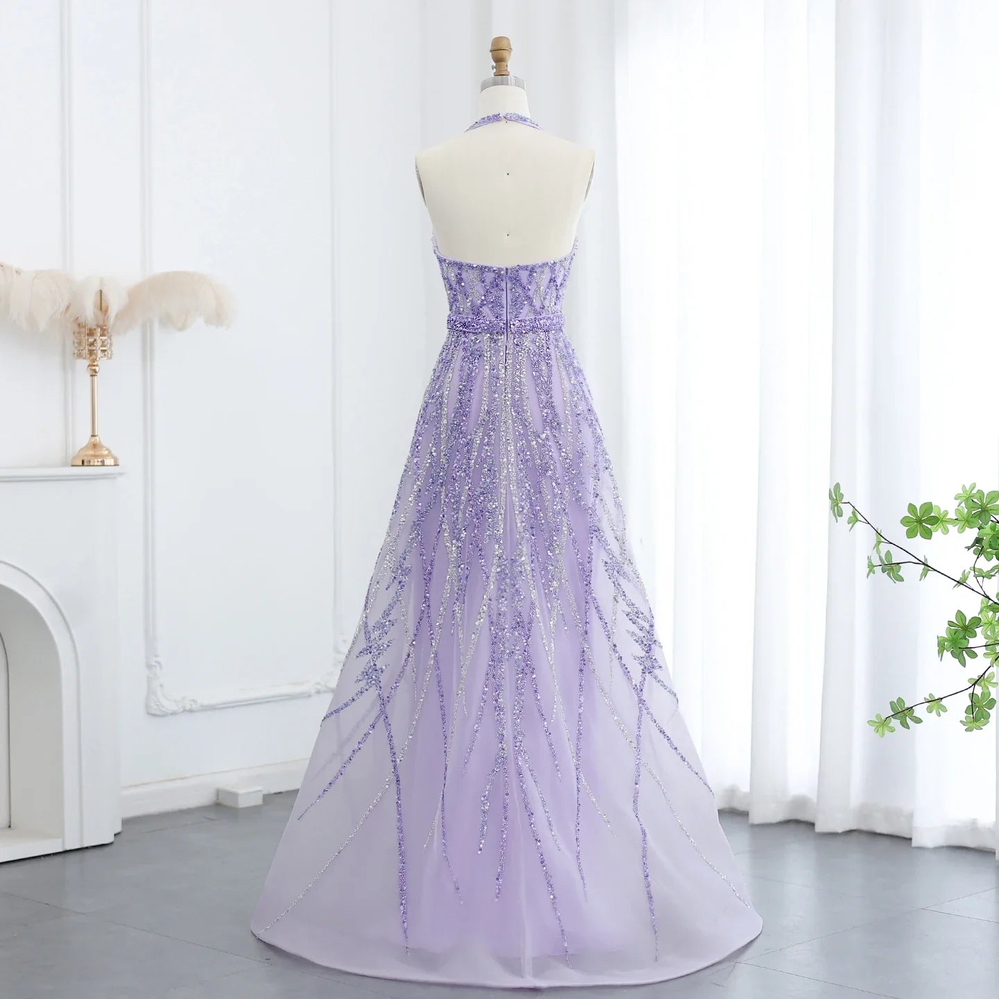 Beaded Halter A-Line Tulle Evening Dresses