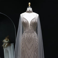 Sparkle Crystal Tulle Evening Dress with Cape Sleeves