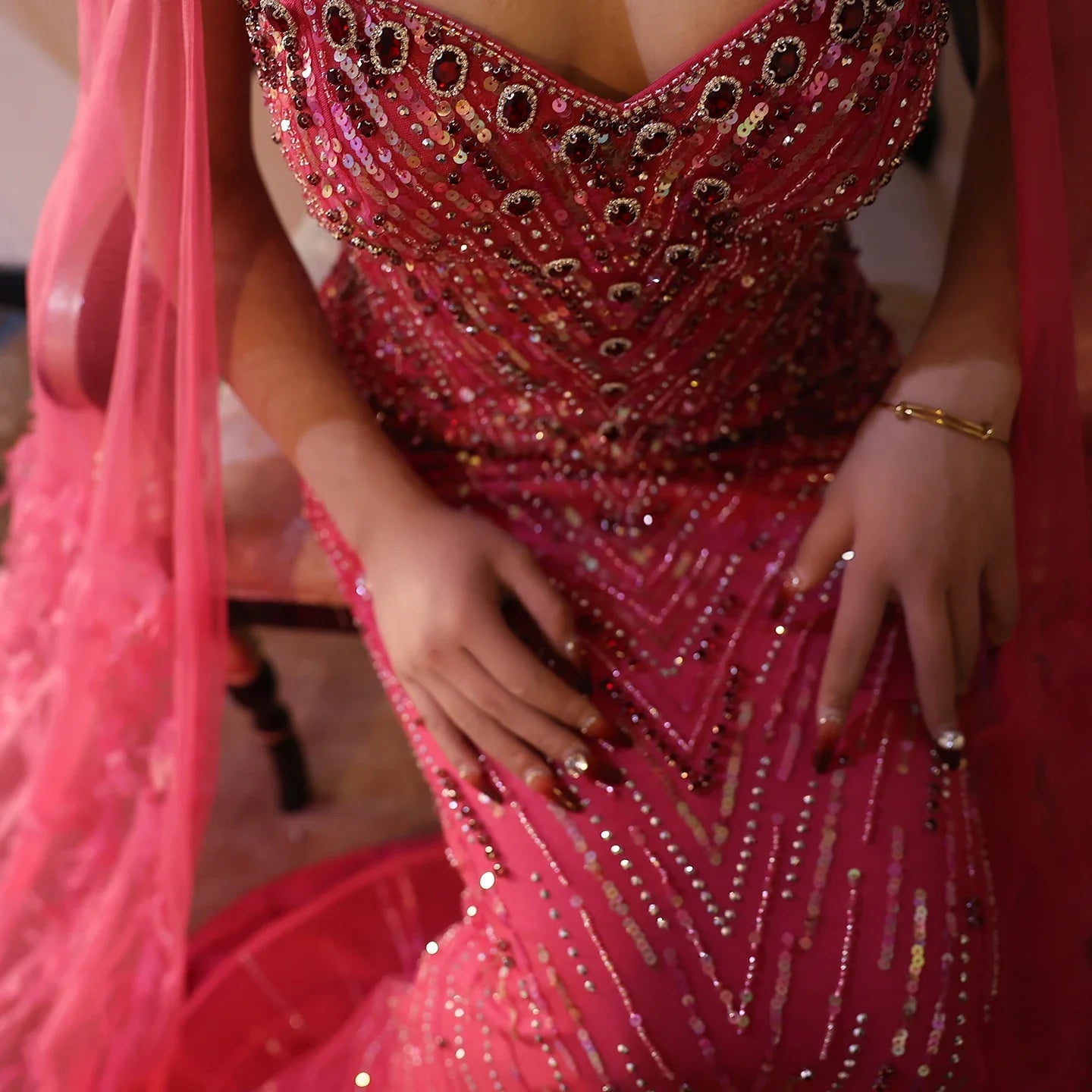 Crystal Fuchsia Mermaid Evening Dresses with Cape Sleeves