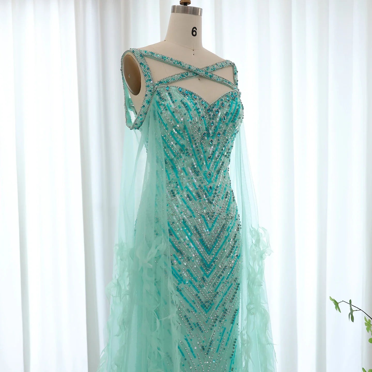 Crystal Fuchsia Mermaid Evening Dresses with Cape Sleeves