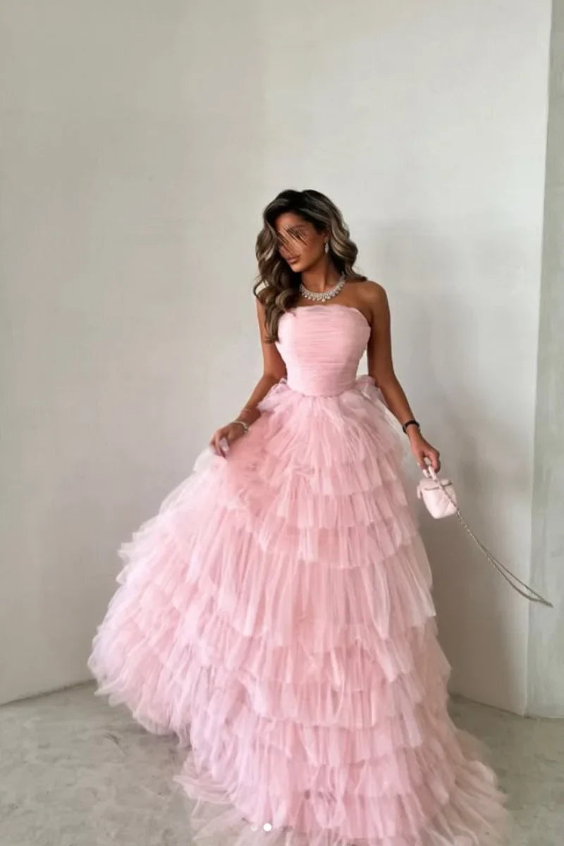 Pink Hand-pleated Tulle Multi-layer Prom Dresses