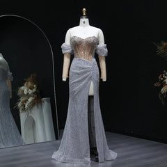 Slit Mermaid Crystal Silver Evening Dress with Sleeves