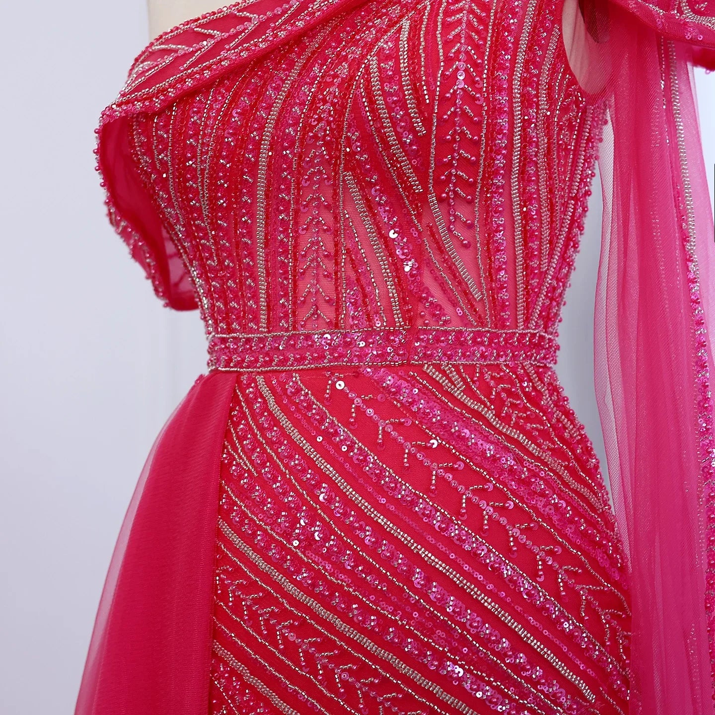 One-Shoulder Cape Sleeves Overskirt Party Gown