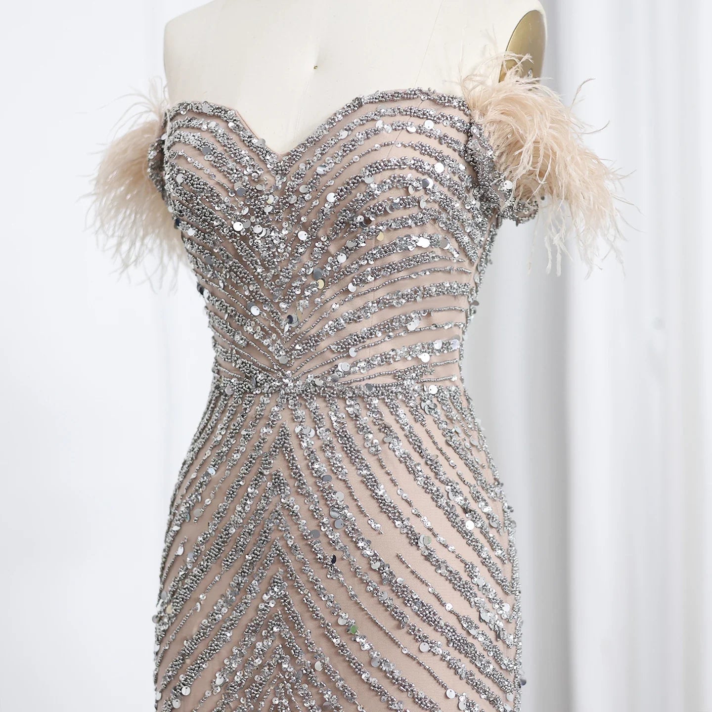 Beaded Feather Slit Mermaid Off-Shoulder Tulle Dress