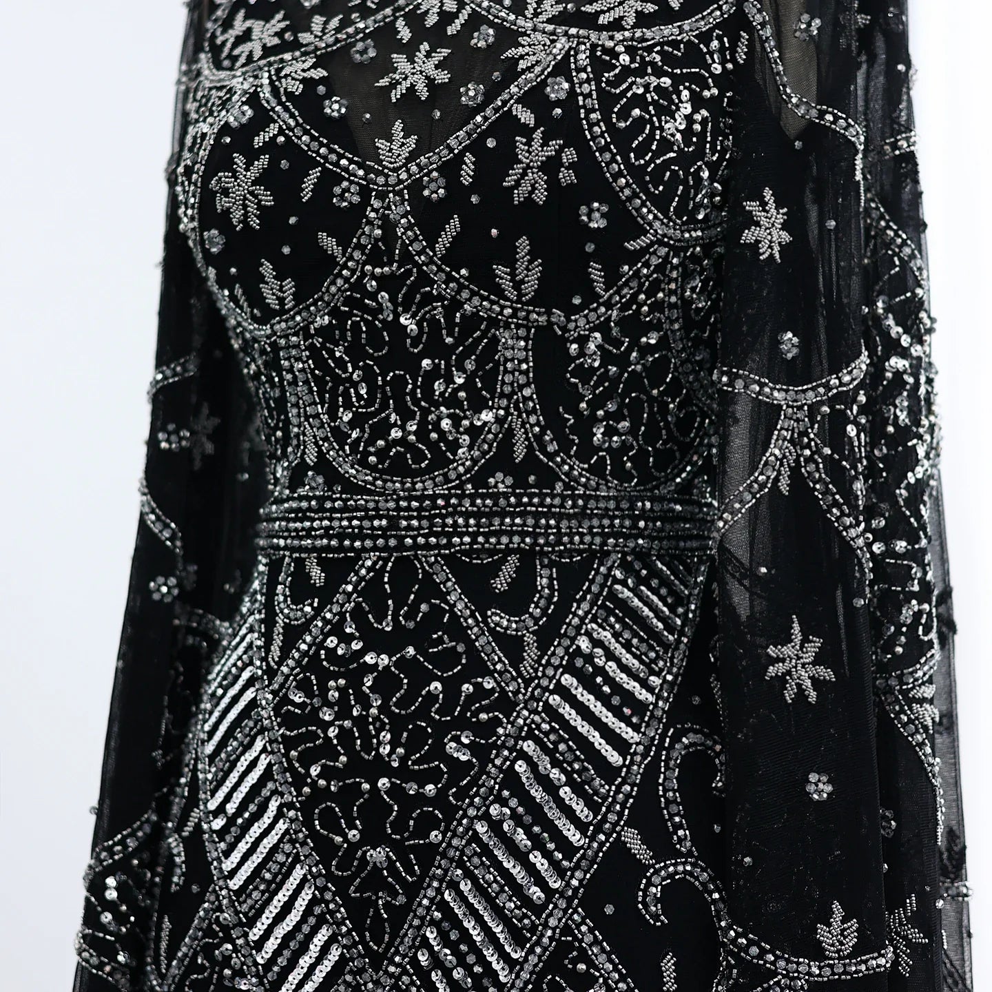 Black Beaded Flare Long Sleeves High Neck Gowns