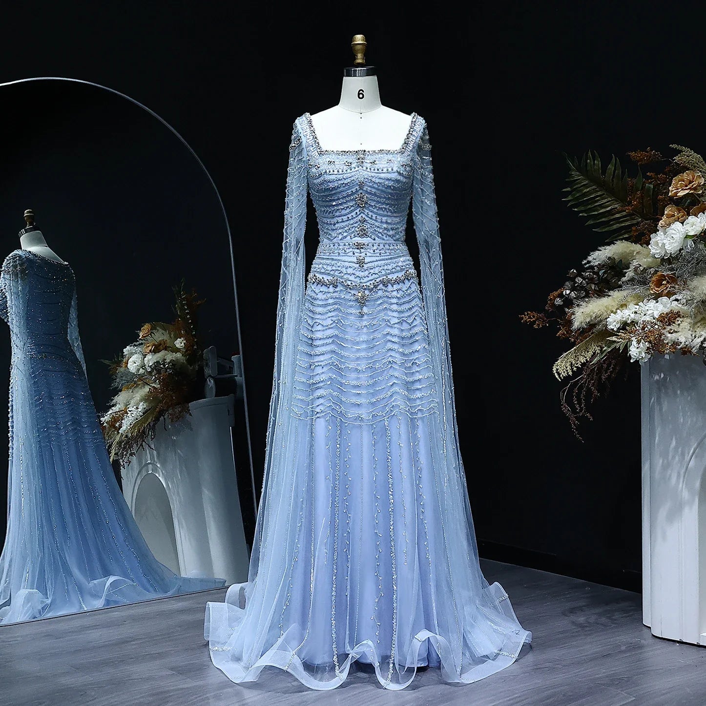 Blue Nude Evening Dress with Cape Sleeves