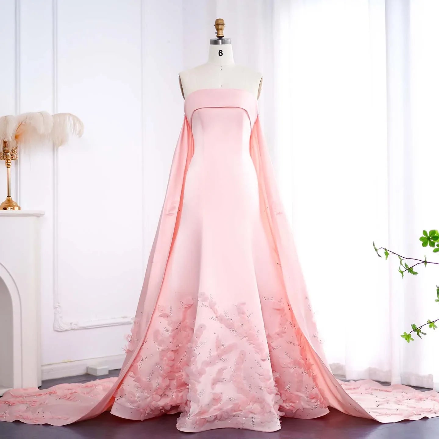 Crystal 3D flower Sage Green Satin Dress with Cape
