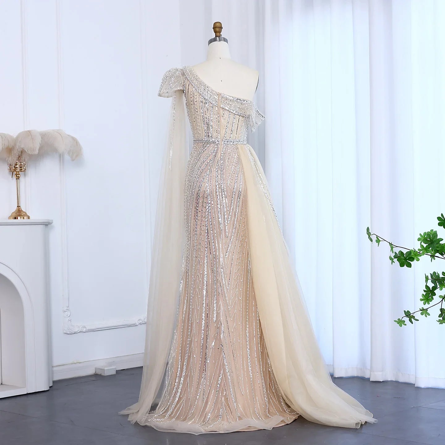 One-Shoulder Cape Sleeves Overskirt Party Gown