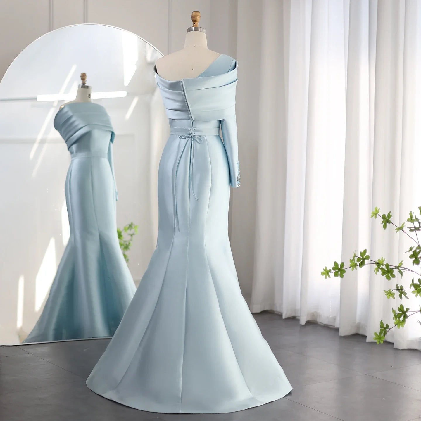 One-Shoulder Mermaid Evening Dress with Cape Beaded