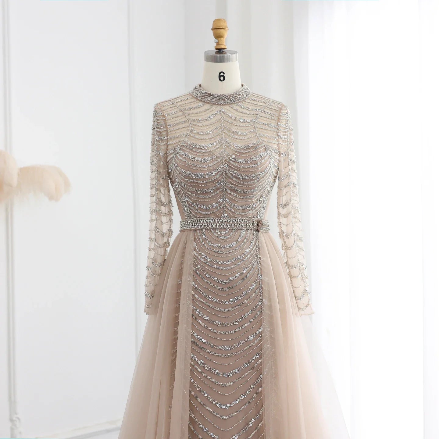 Champagne Mermaid Long Sleeves Dress with Overskirt