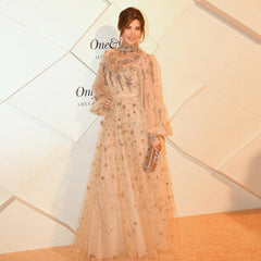 Beaded Champagne Long Sleeves Formal Gowns