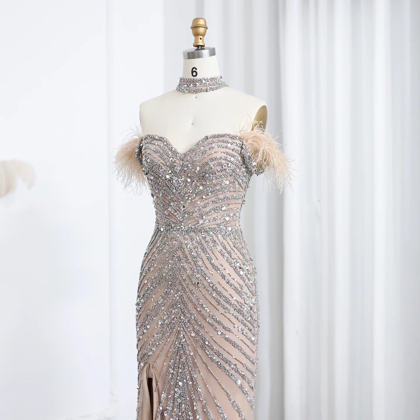 Beaded Feather Slit Mermaid Off-Shoulder Tulle Dress