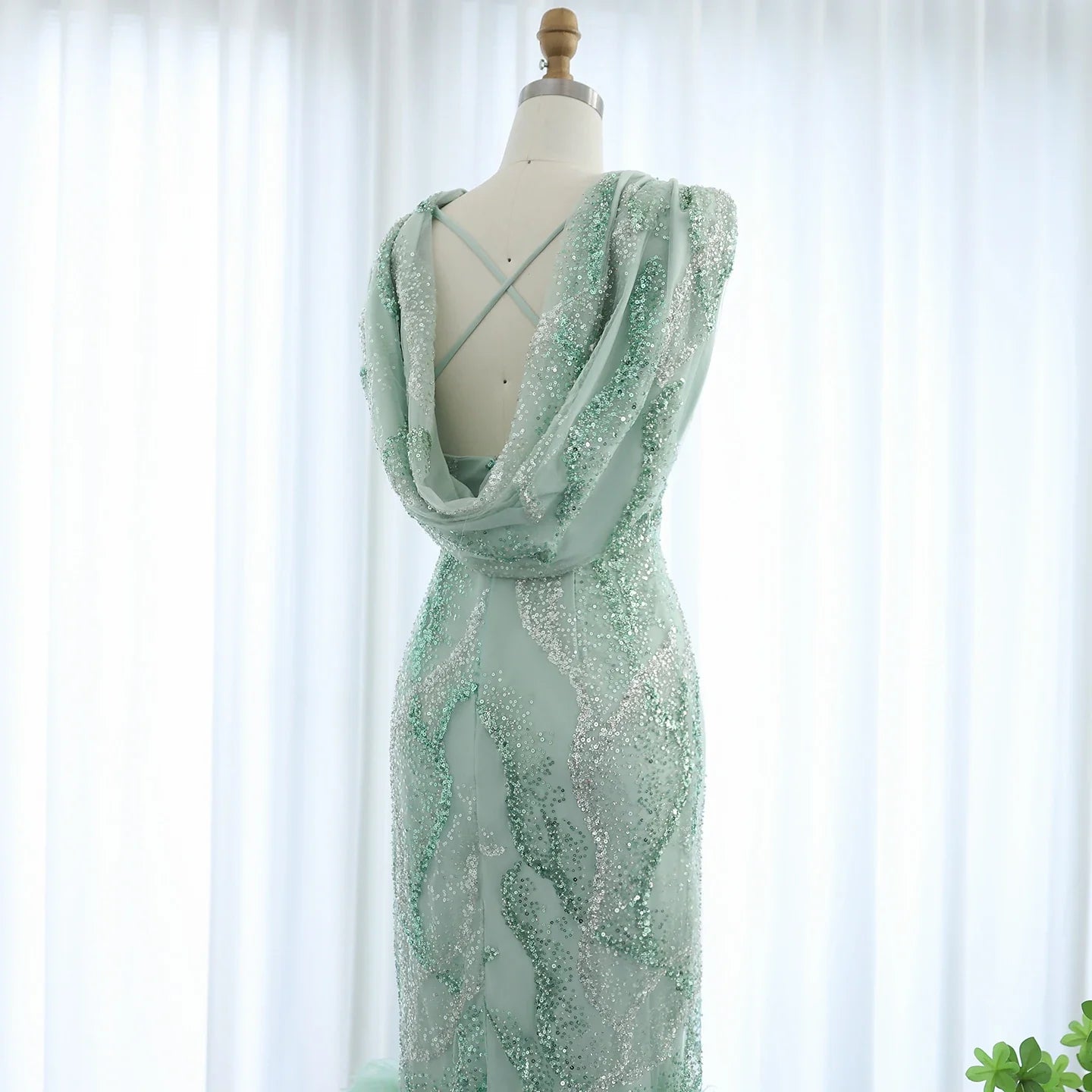 Sage Green Feathers Graduation Prom Dress