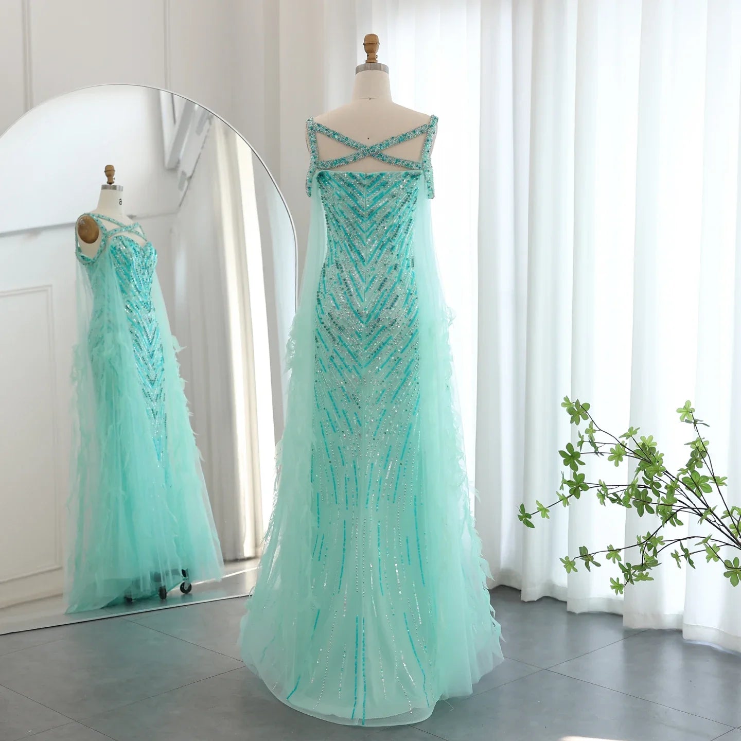 Crystal Fuchsia Mermaid Evening Dresses with Cape Sleeves
