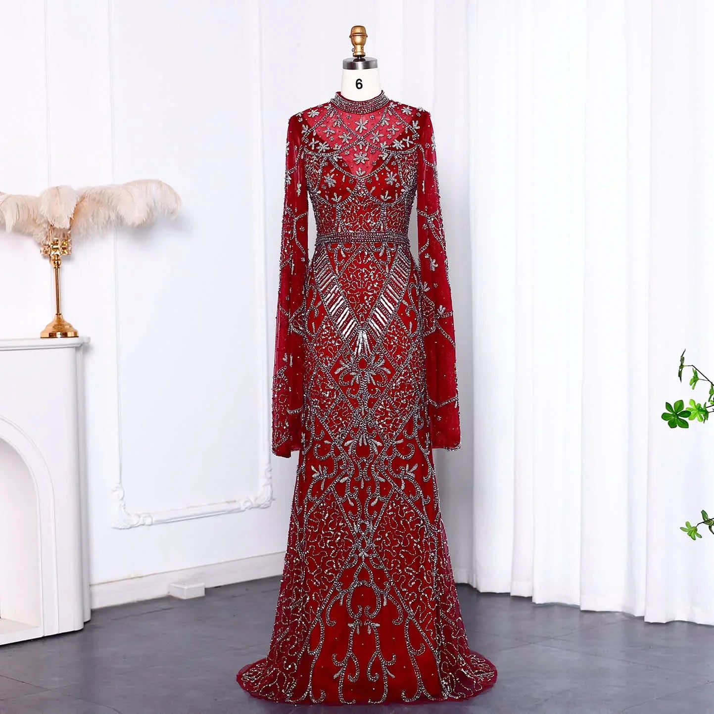 Black Beaded Flare Long Sleeves High Neck Gowns