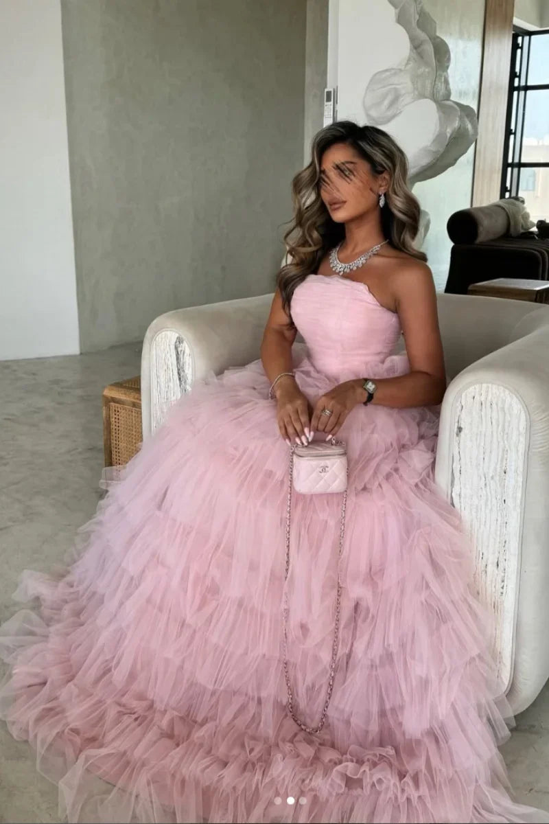 Pink Hand-pleated Tulle Multi-layer Prom Dresses