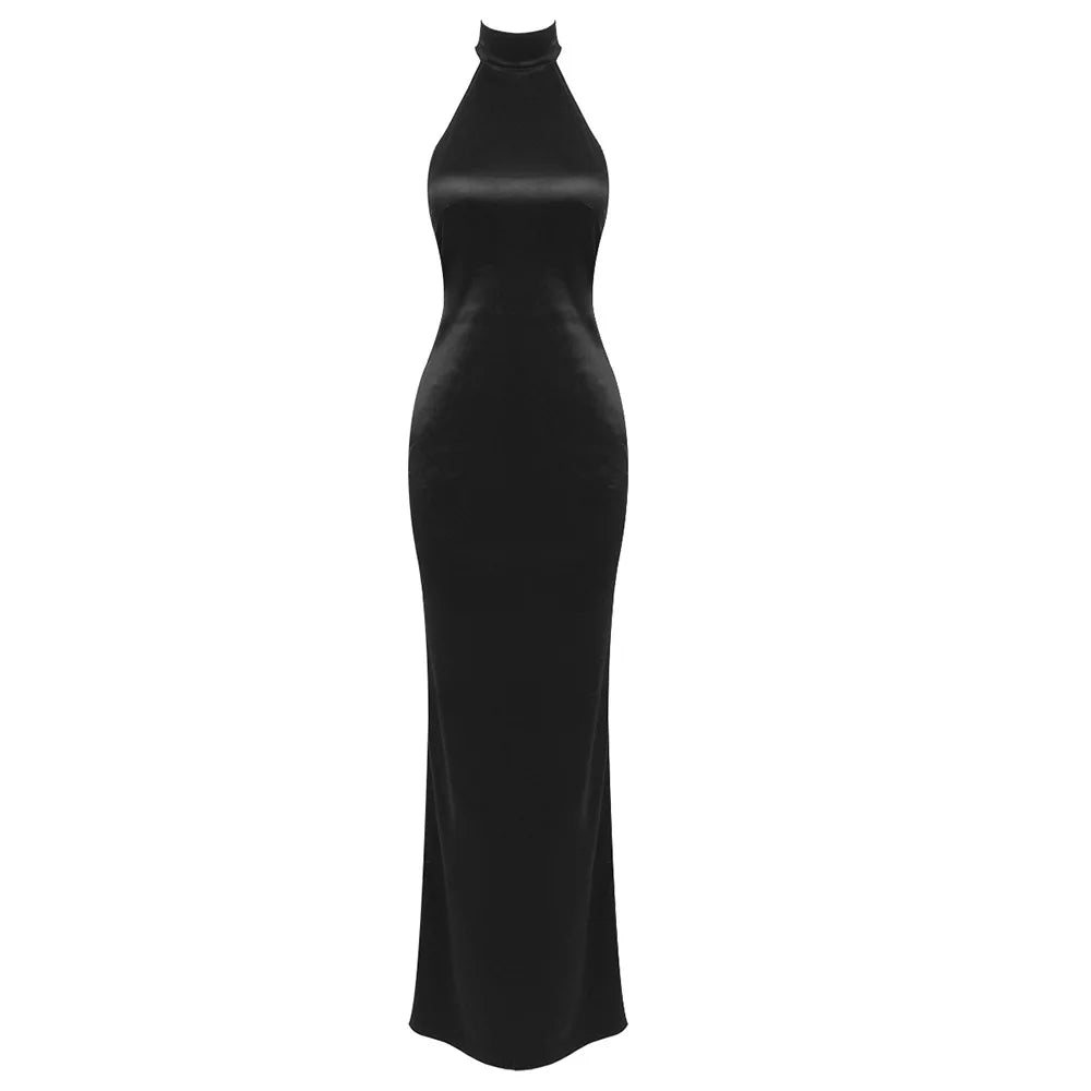 High Neck Satin Bareback Sleeveless Long Dress