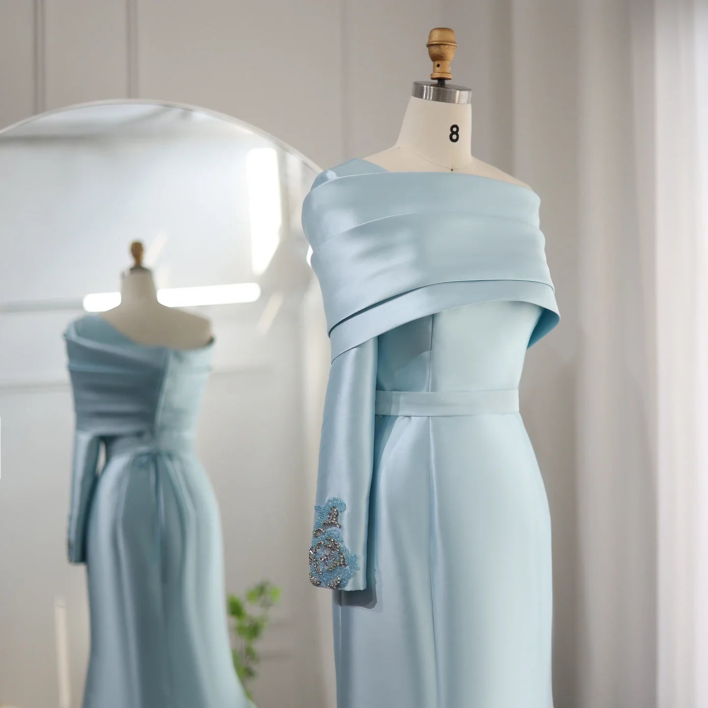 One-Shoulder Mermaid Evening Dress with Cape Beaded