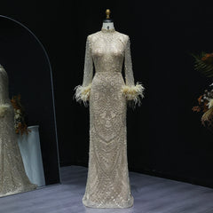 Beaded Feather High Neck Long Sleeves Gown
