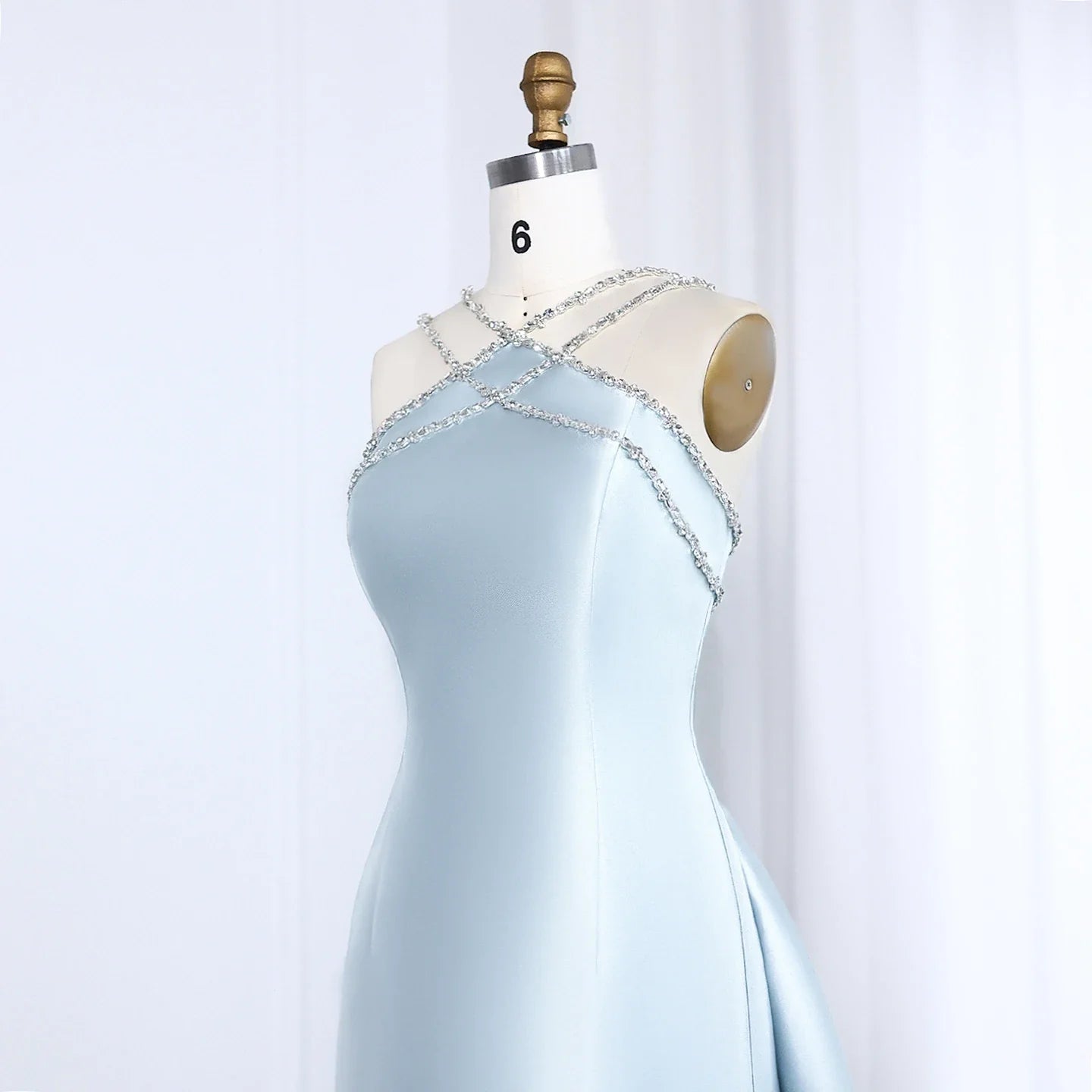 Light Blue Satin Overskirt Formal Party Gown
