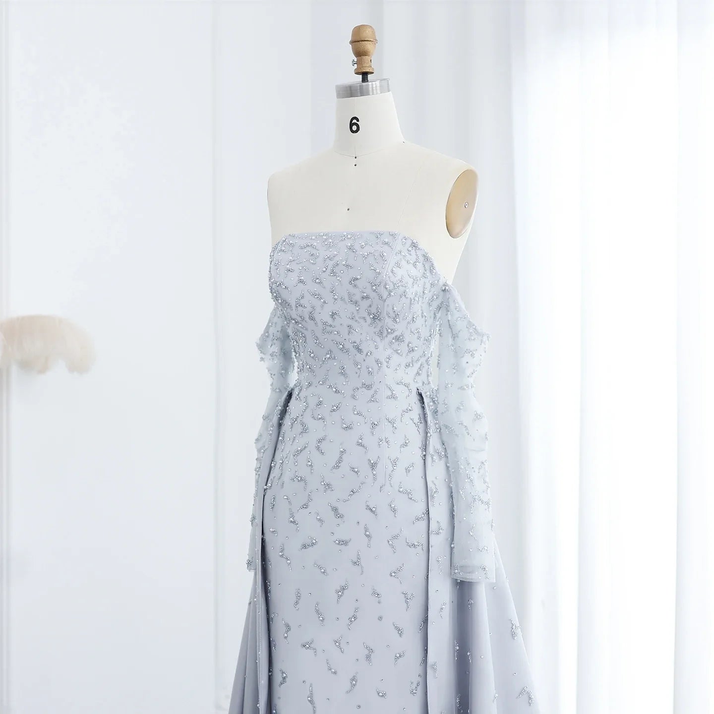 Silver Gray Evening Dress with Overskirt