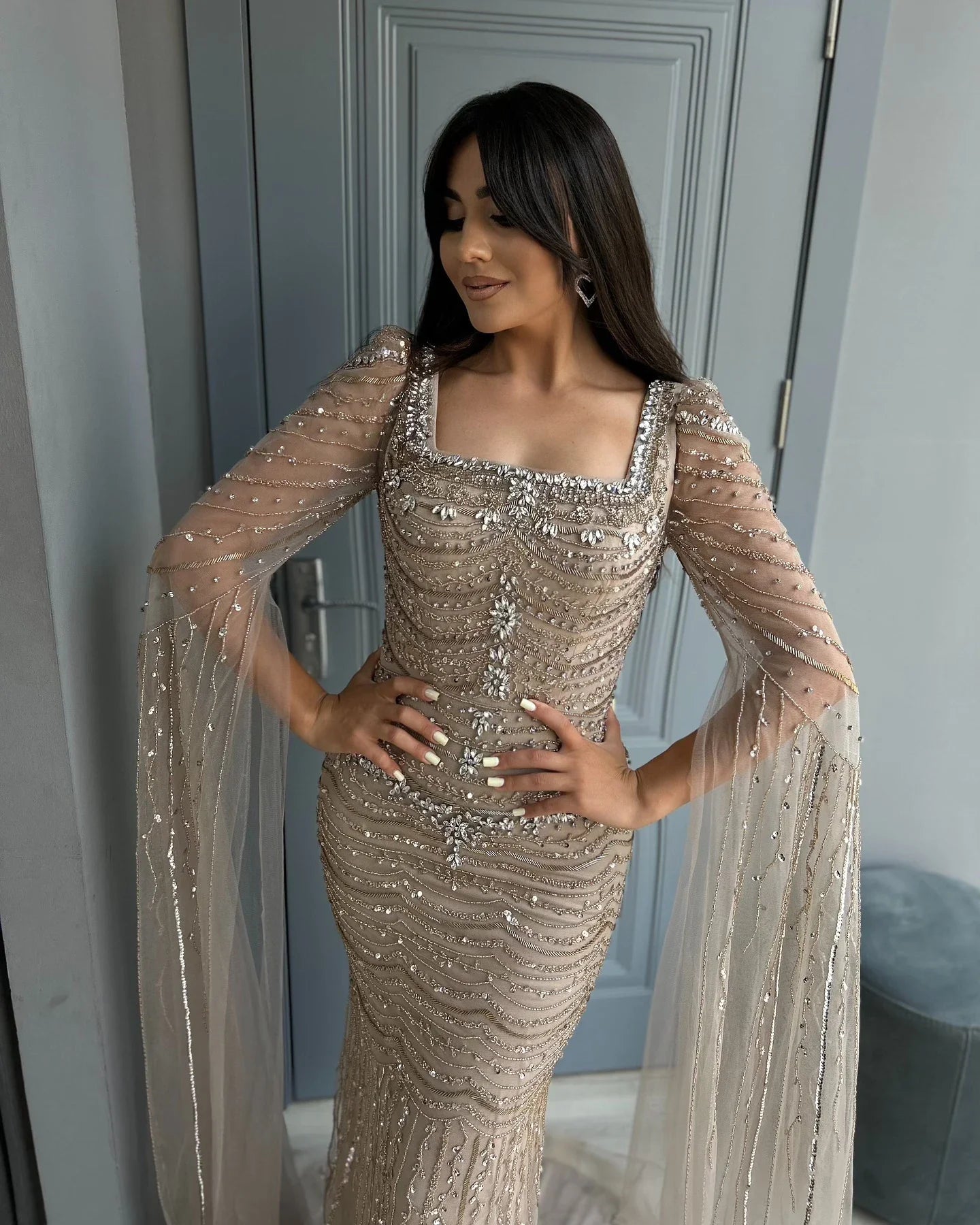 Caramel Square Neck Mermaid Evening Dress Cape Sleeves