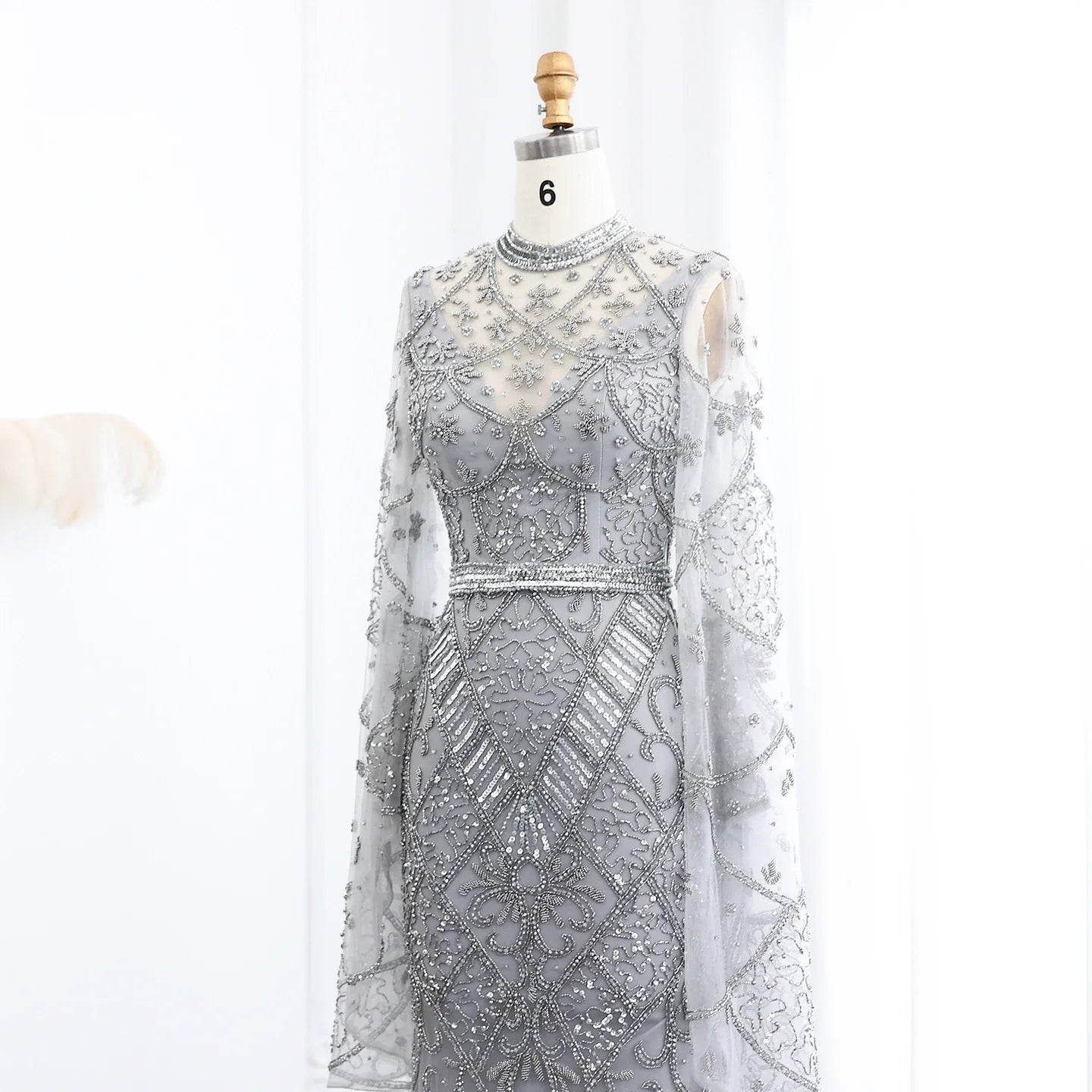 Black Beaded Flare Long Sleeves High Neck Gowns