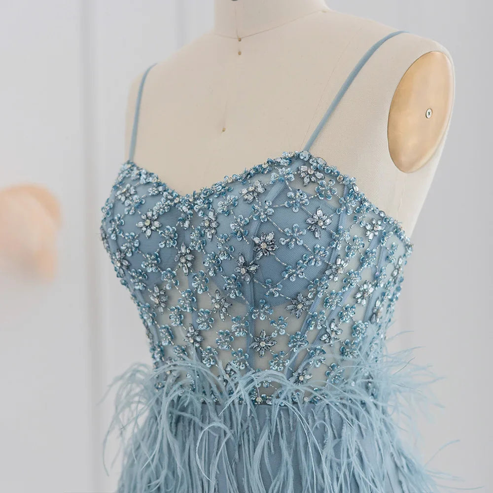 Feathers Spaghetti Straps Side Slit Prom Dress