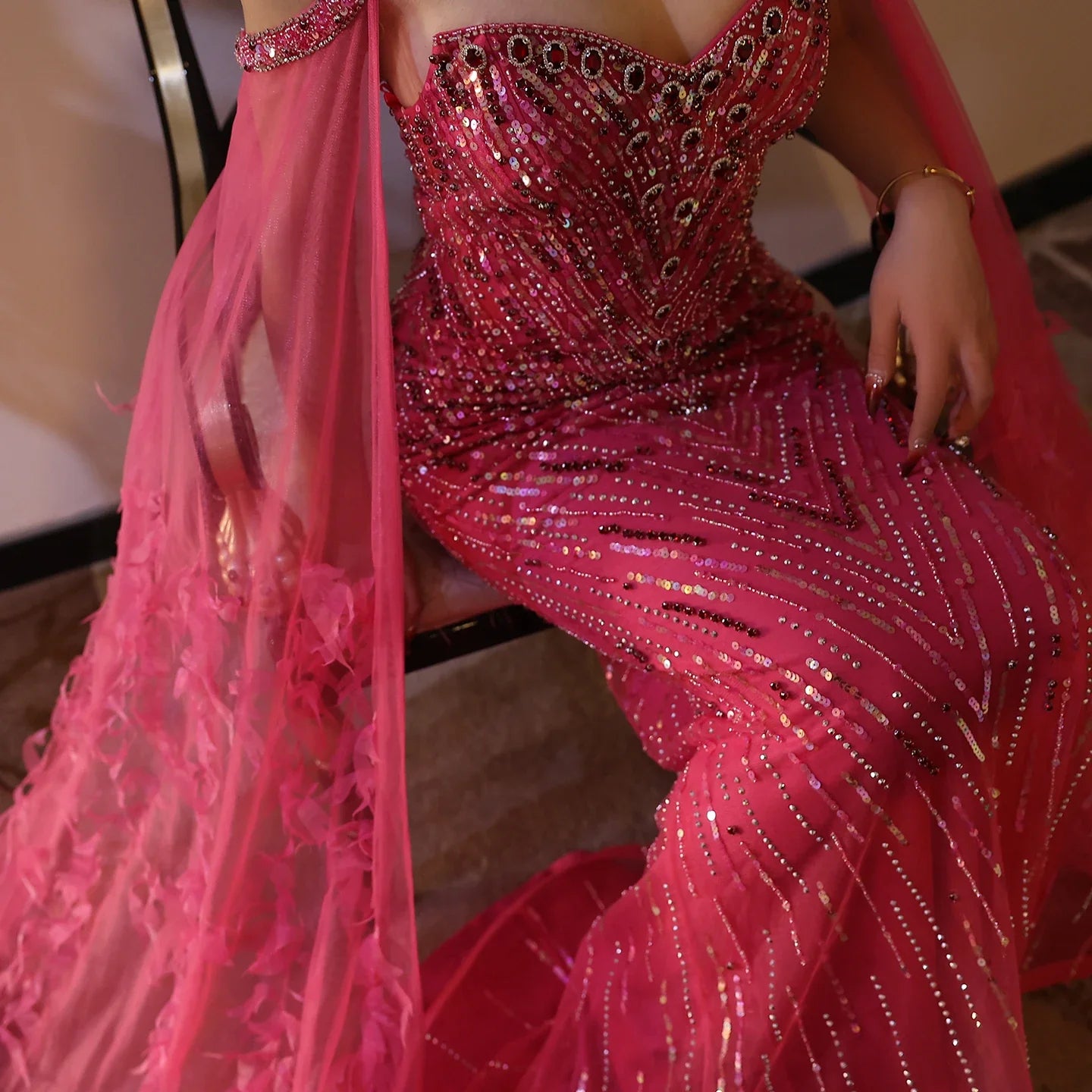 Crystal Fuchsia Mermaid Evening Dresses with Cape Sleeves