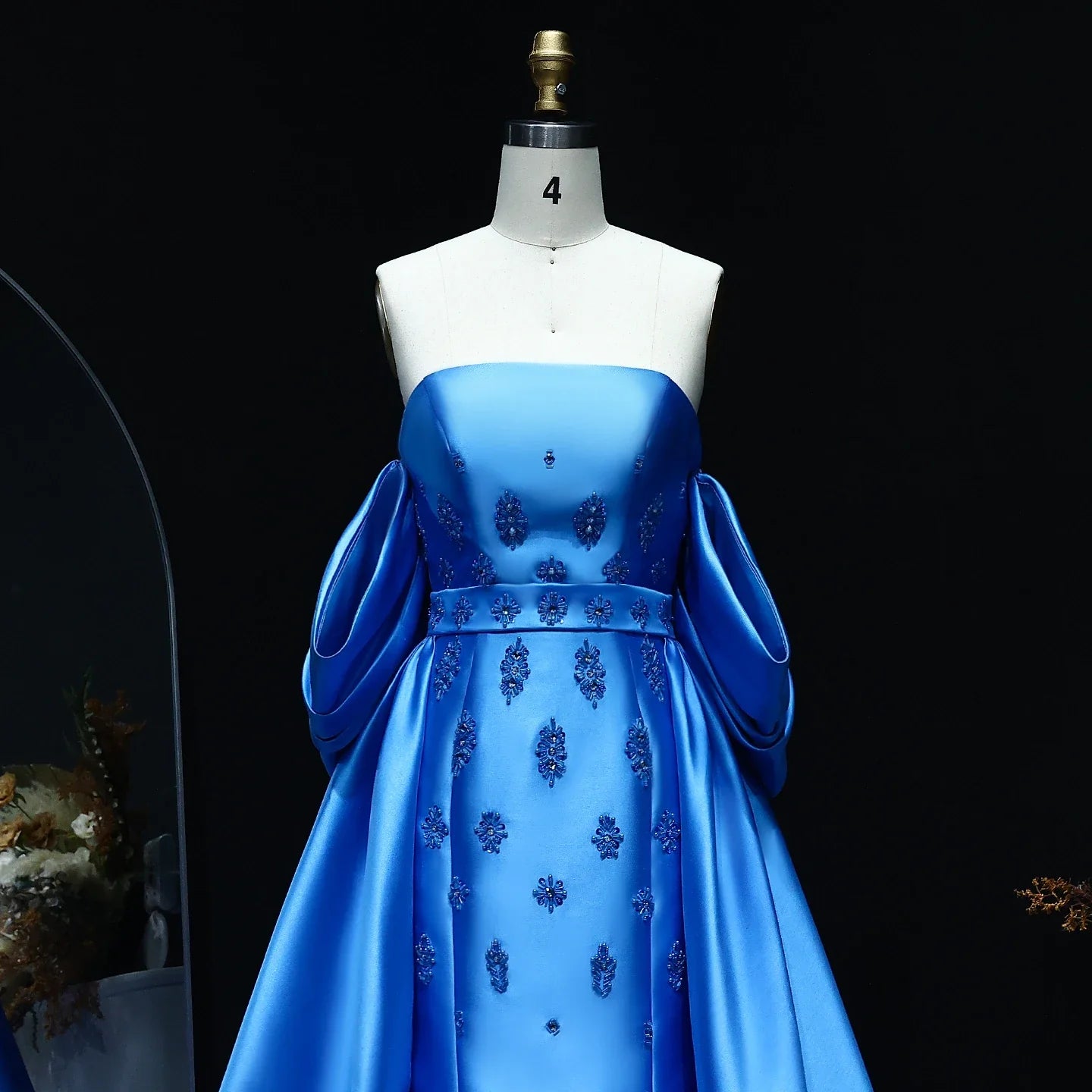 Satin Blue Detachable Overskirt Cape Sleeve Party Gown