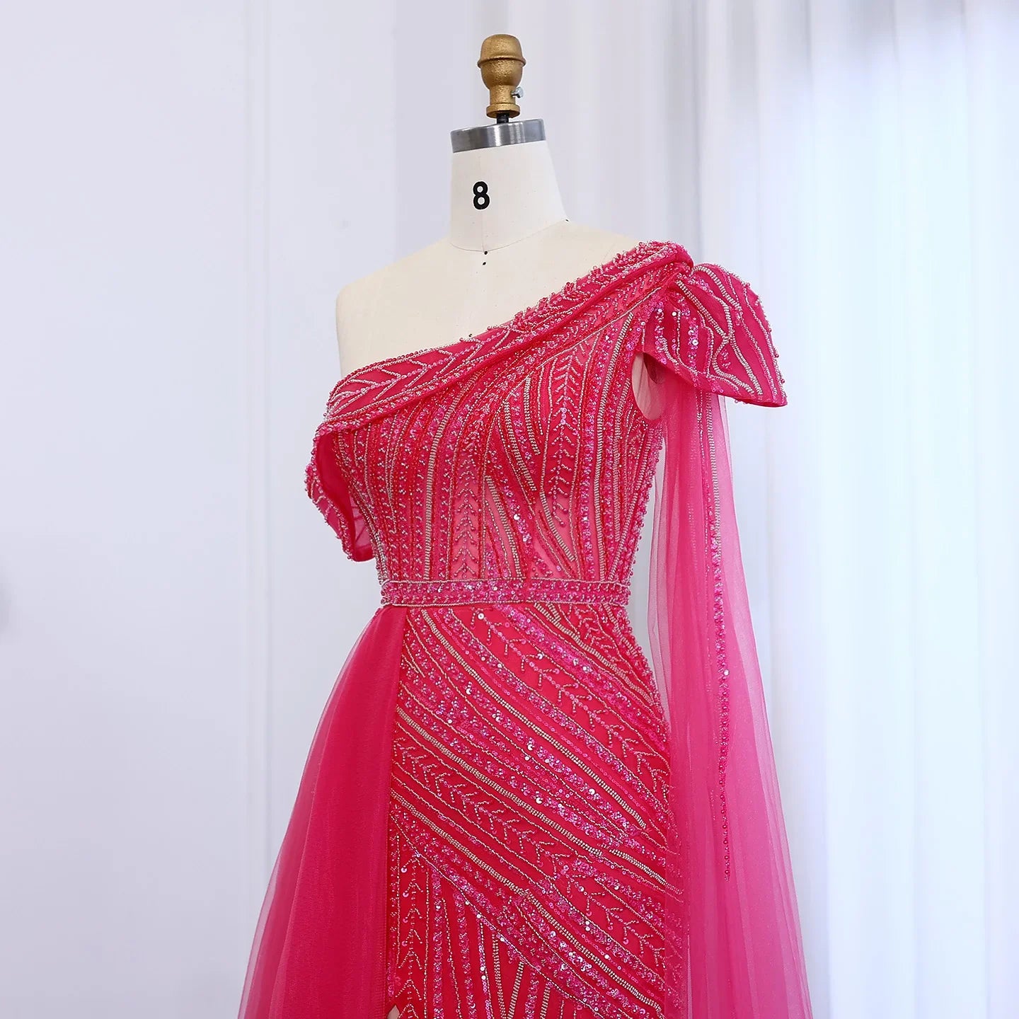 One-Shoulder Cape Sleeves Overskirt Party Gown