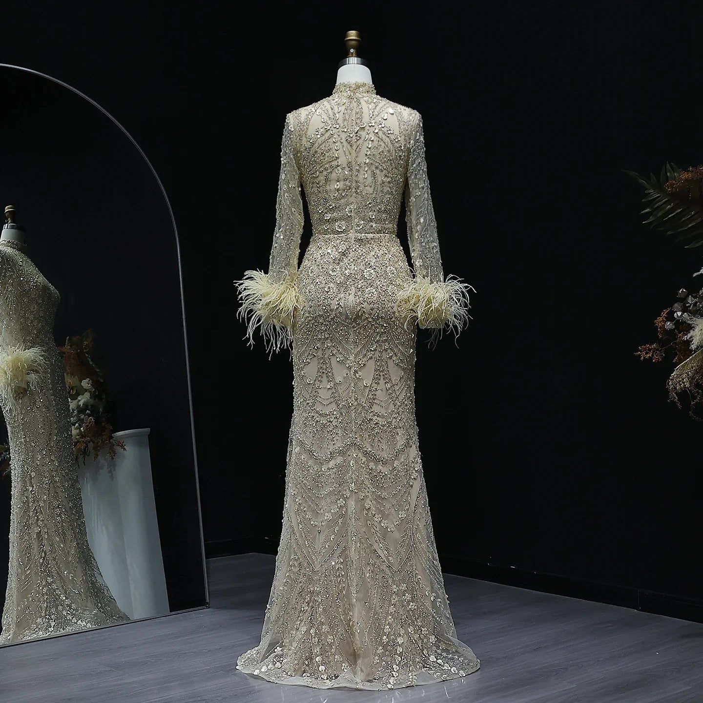 Beaded Feather High Neck Long Sleeves Gown