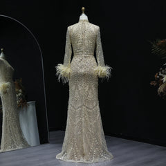 Beaded Feather High Neck Long Sleeves Gown