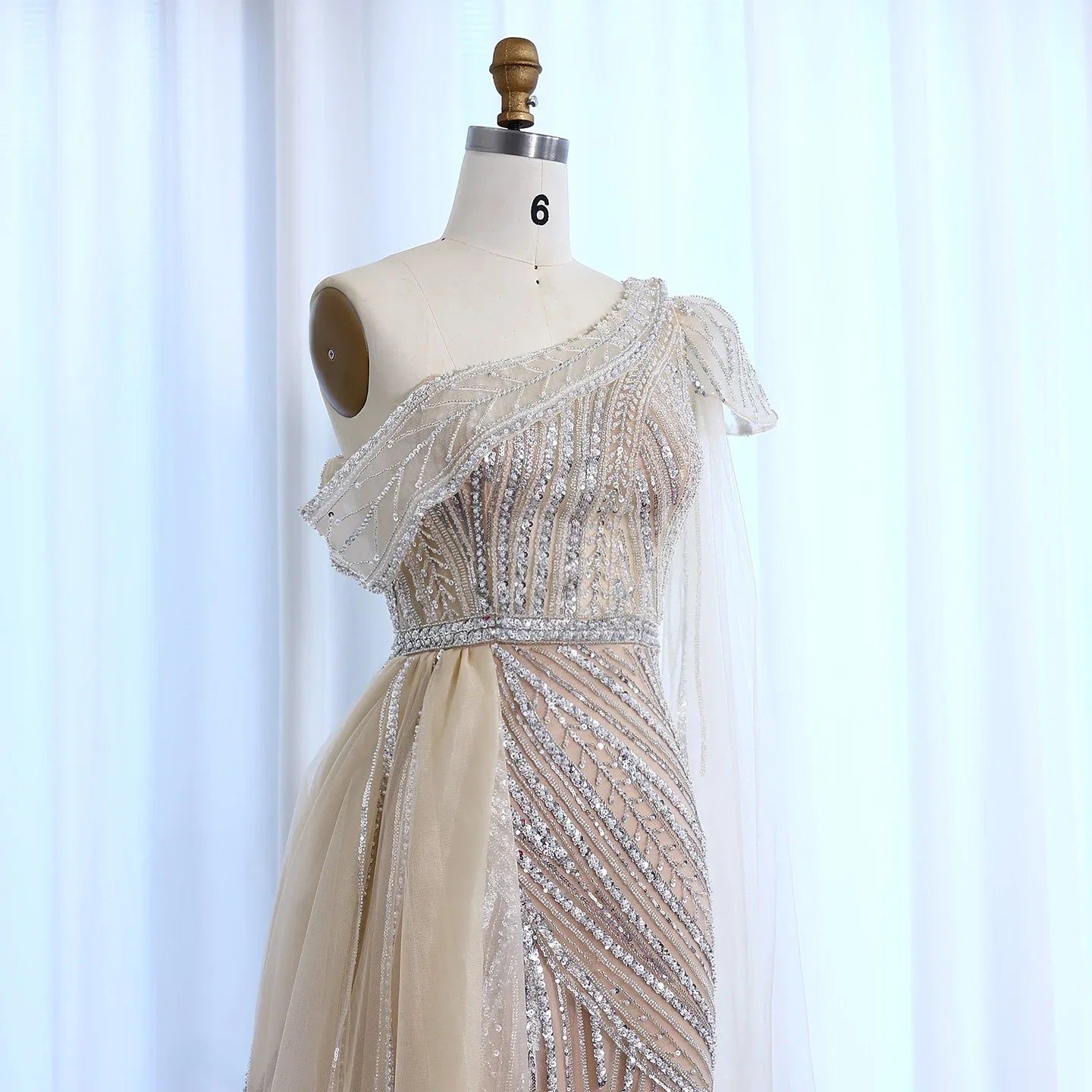 One-Shoulder Cape Sleeves Overskirt Party Gown