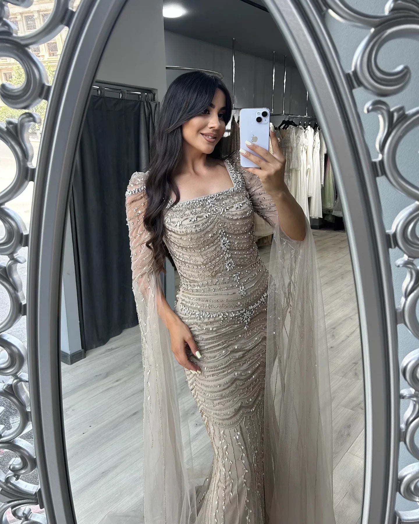 Caramel Square Neck Mermaid Evening Dress Cape Sleeves