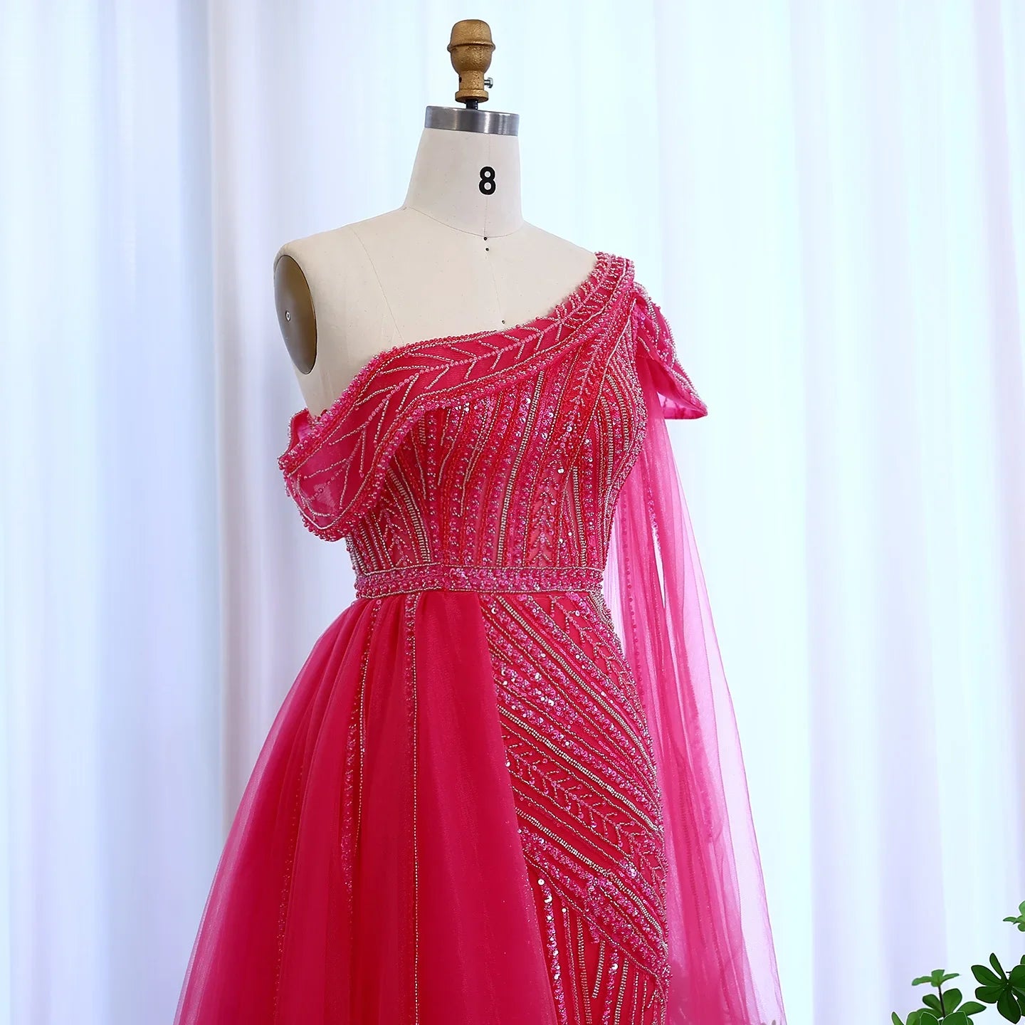 One-Shoulder Cape Sleeves Overskirt Party Gown