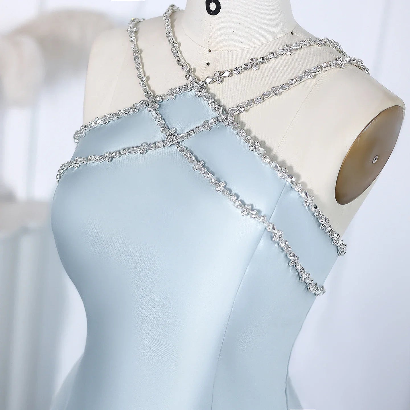 Light Blue Satin Overskirt Formal Party Gown