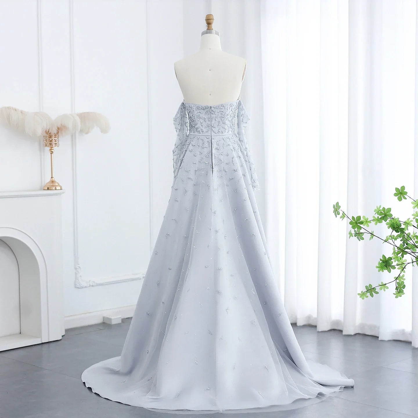 Silver Gray Evening Dress with Overskirt
