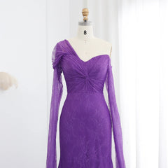 Lace Purple Mermaid Evening Dress with Cap Sleeves