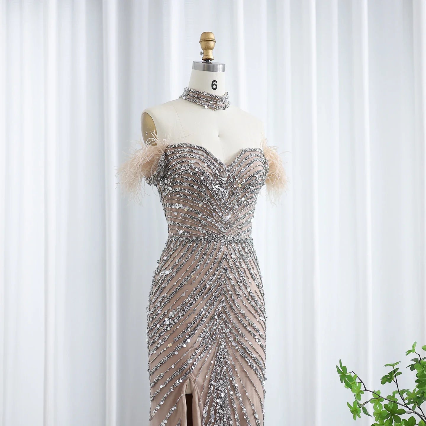 Beaded Feather Slit Mermaid Off-Shoulder Tulle Dress