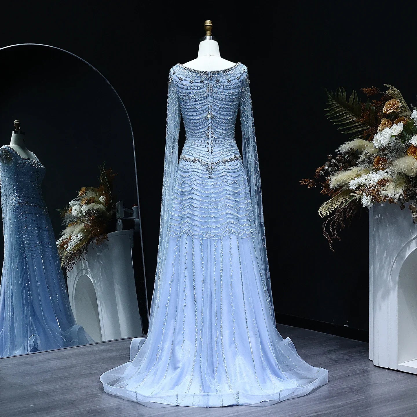 Blue Nude Evening Dress with Cape Sleeves