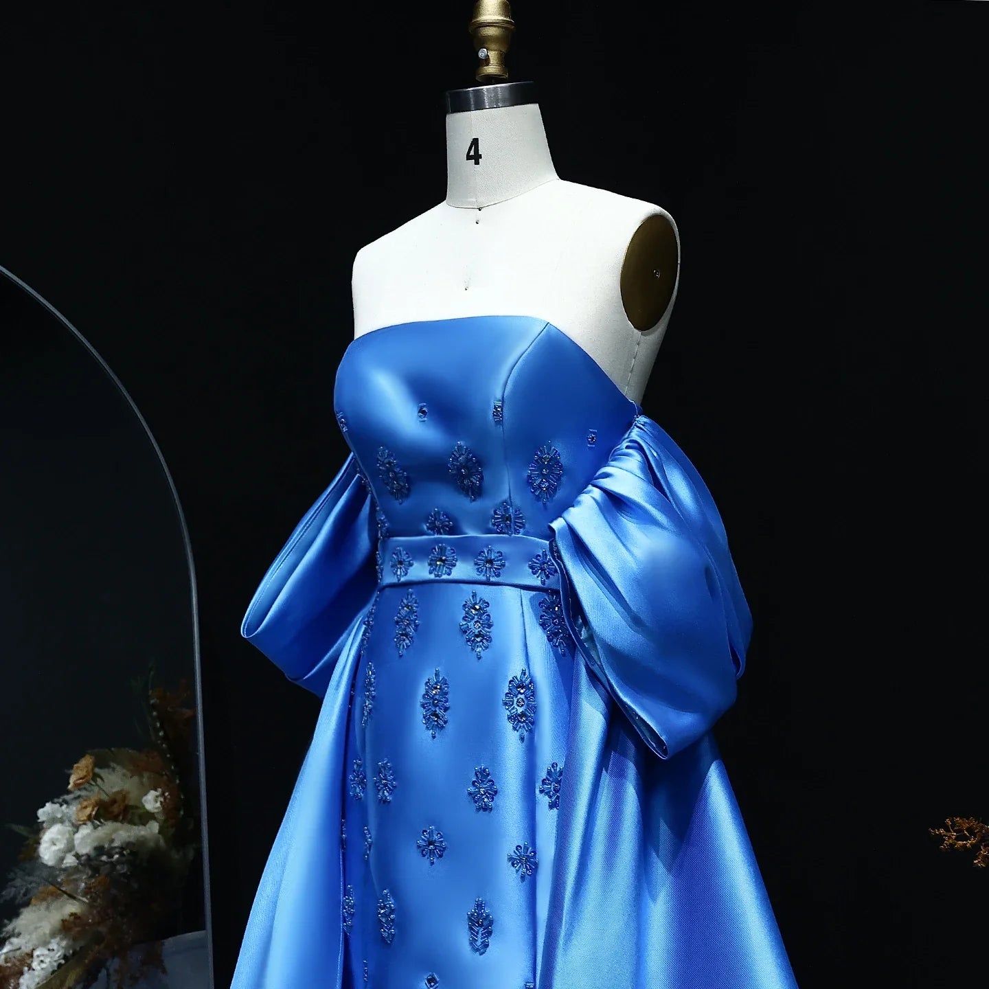 Satin Blue Detachable Overskirt Cape Sleeve Party Gown