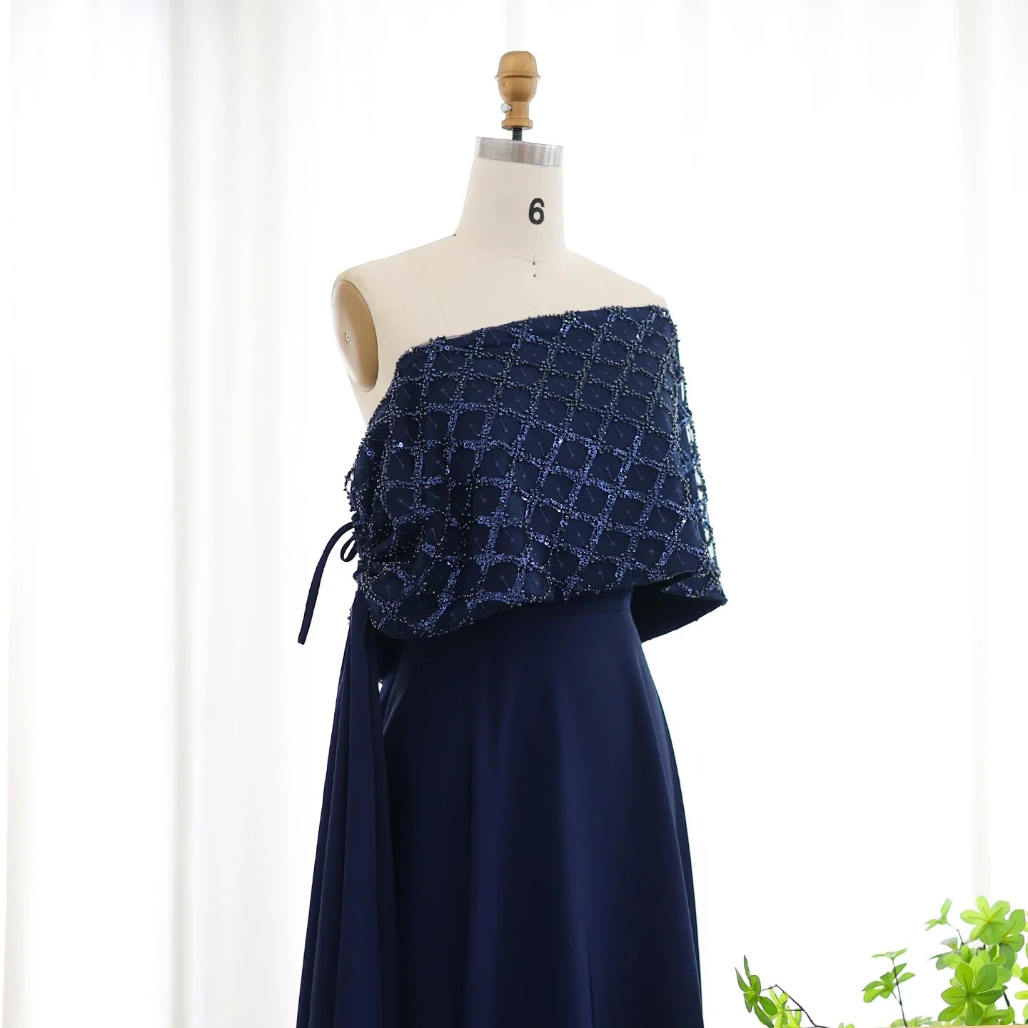Navy Blue Off-Shoulder Evening Dress with Cape