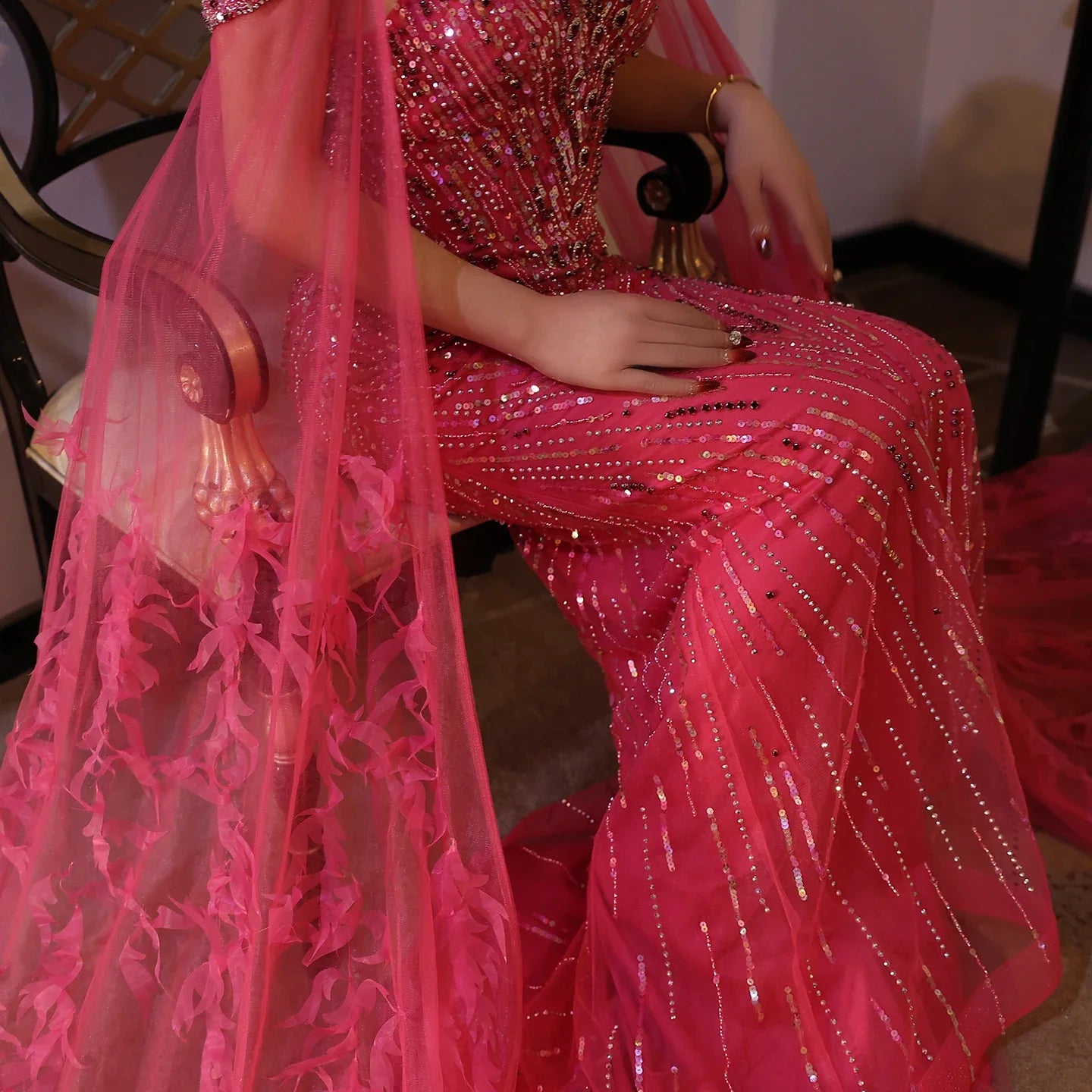 Crystal Fuchsia Mermaid Evening Dresses with Cape Sleeves