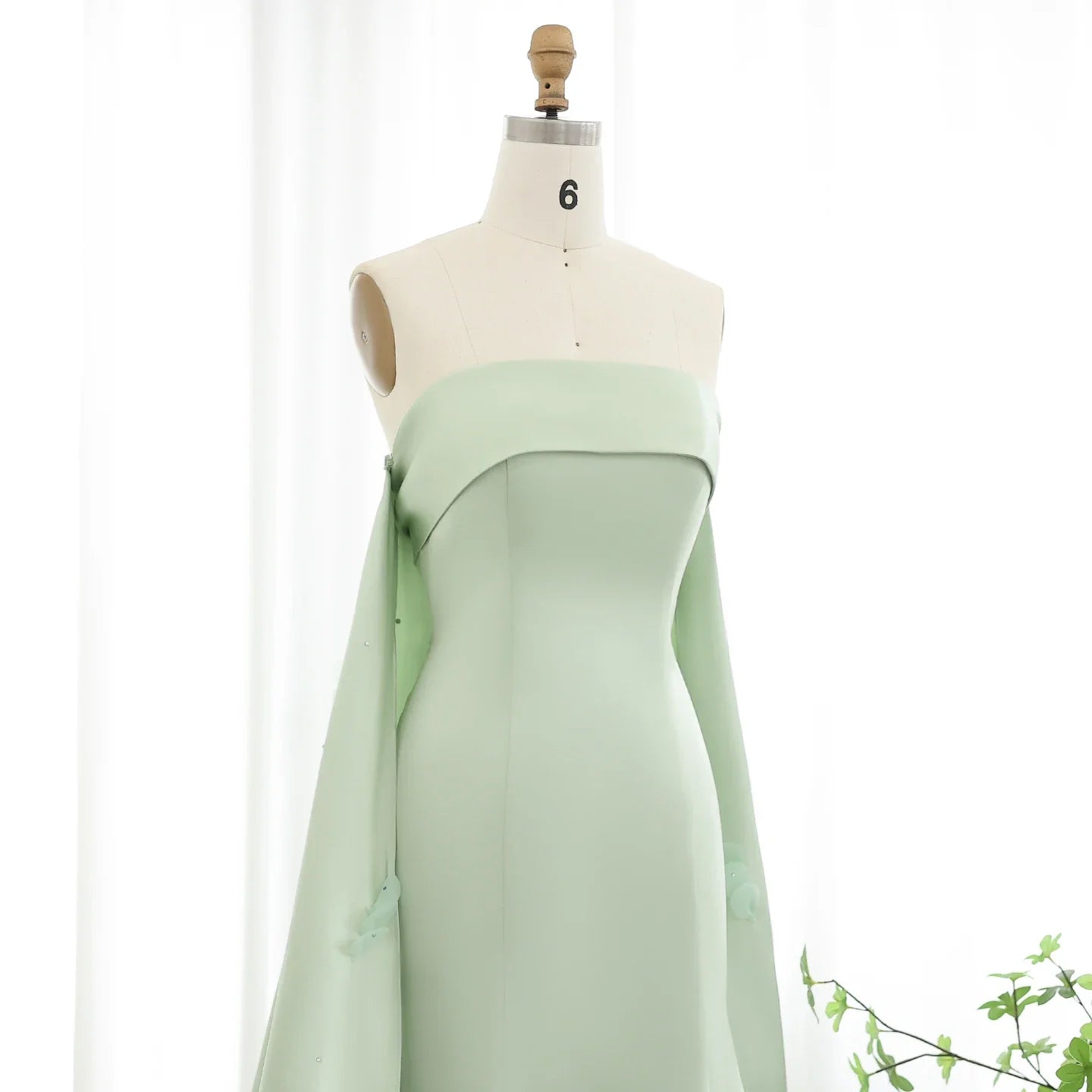 Crystal 3D flower Sage Green Satin Dress with Cape