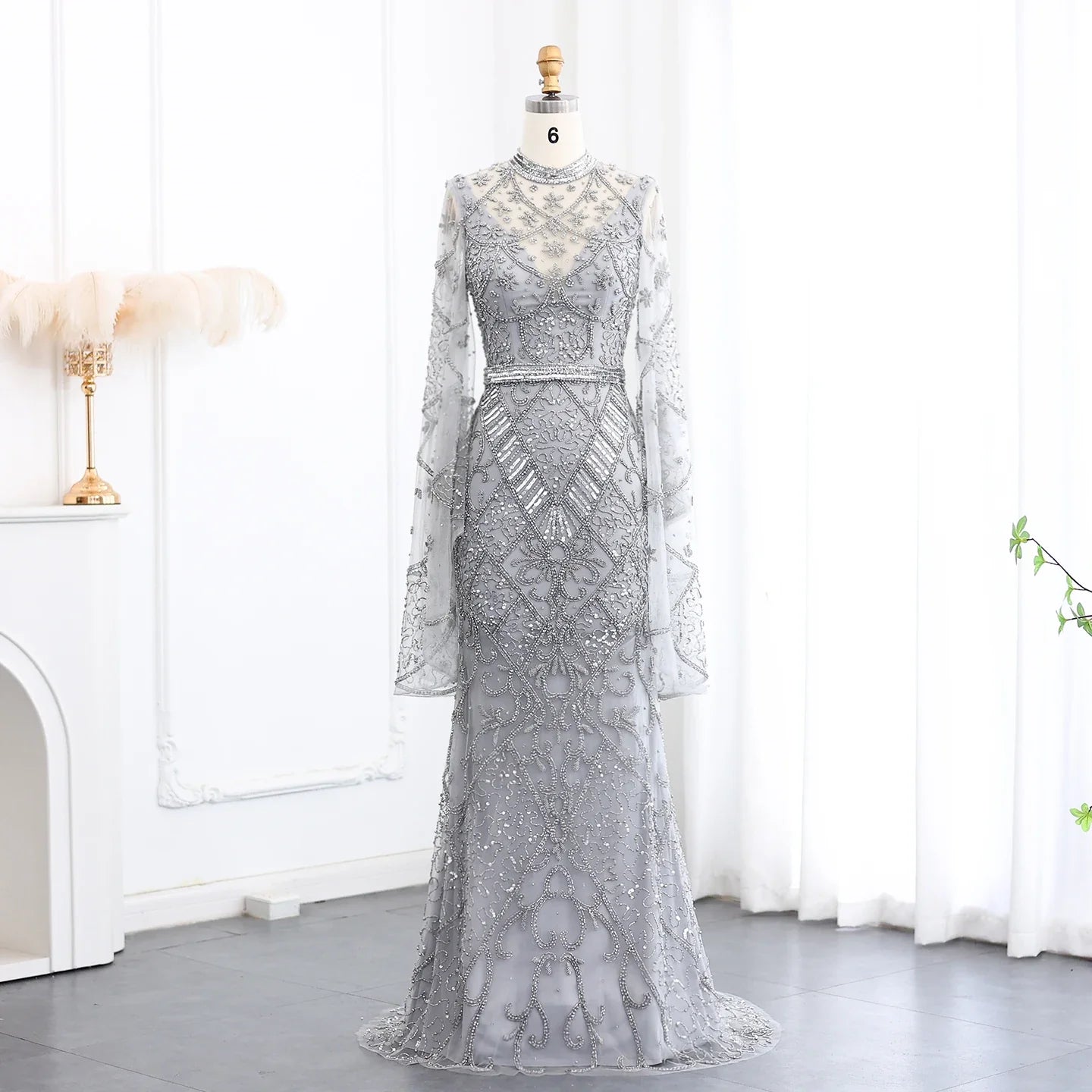 Black Beaded Flare Long Sleeves High Neck Gowns