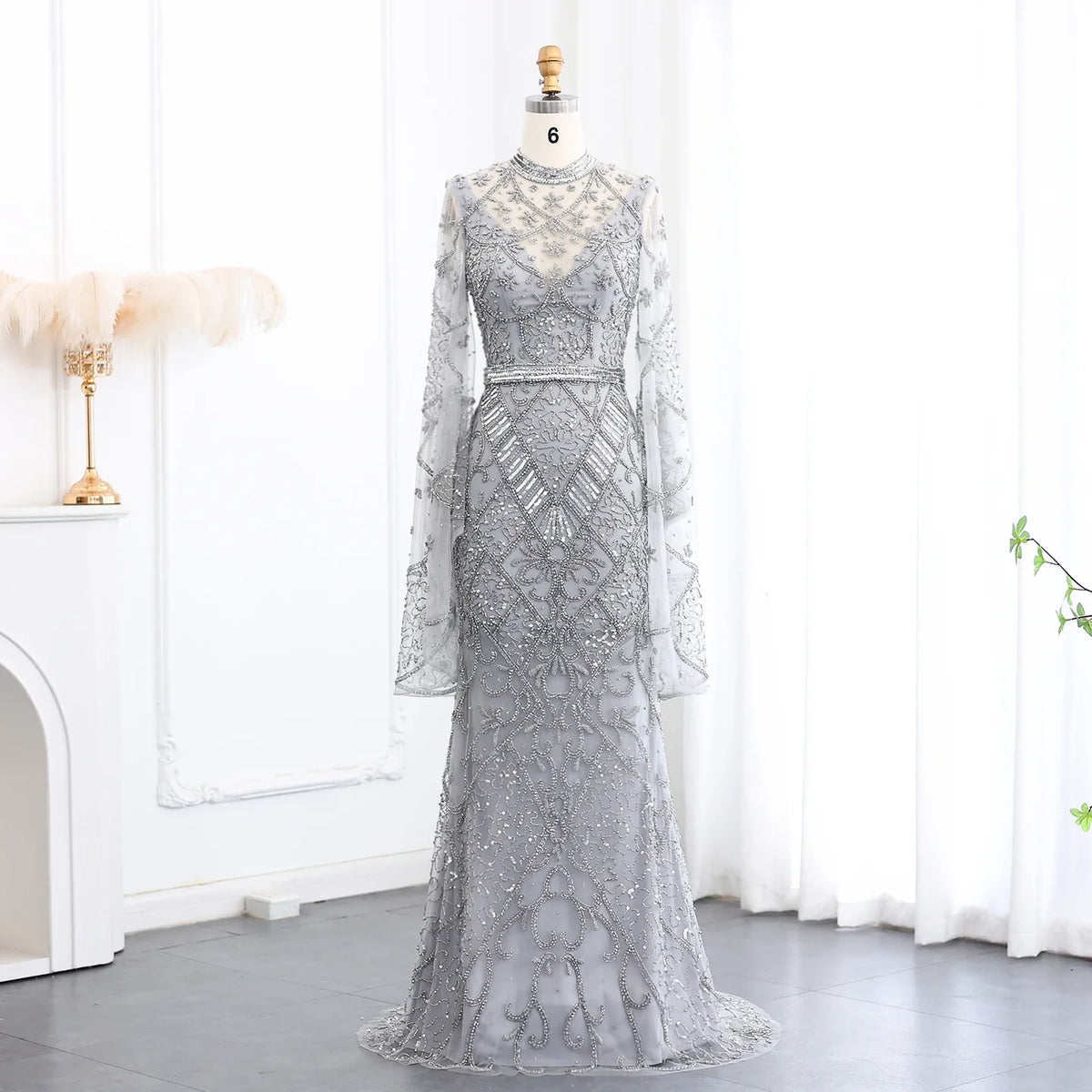 Black Beaded Flare Long Sleeves High Neck Gowns